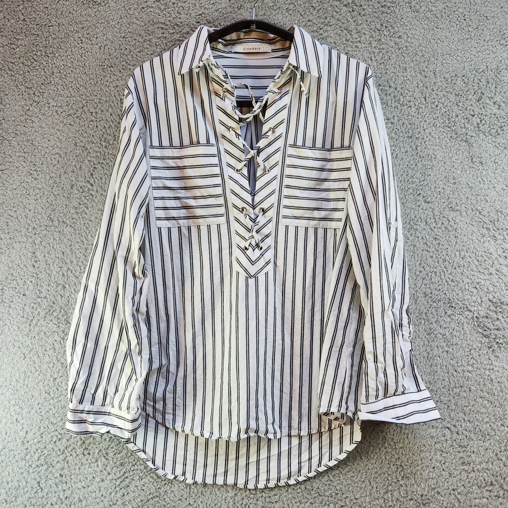 Dreamers Blouse Top Women's Small White Black Striped Lace-Up Neck Everyday Wear